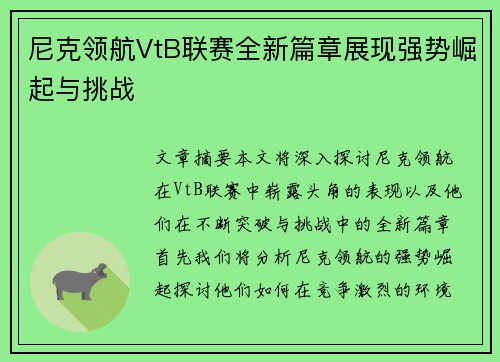 尼克领航VtB联赛全新篇章展现强势崛起与挑战