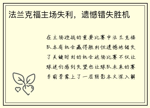 法兰克福主场失利，遗憾错失胜机